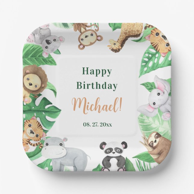 Watercolor Safari Jungle Animals Birthday Pappteller (Vorderseite)