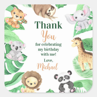 Watercolor Safari Jungle Animals Birthday Thank Quadratischer Aufkleber