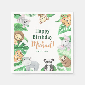 Watercolor Safari Jungle Animals Happy Birthday Serviette