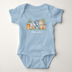 Watercolor Safari Jungle Baby Animals Blue Baby Strampler