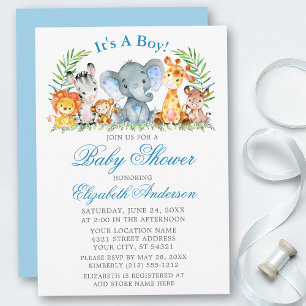 Watercolor Safari Tiere Blue Script Baby Dusche Einladung