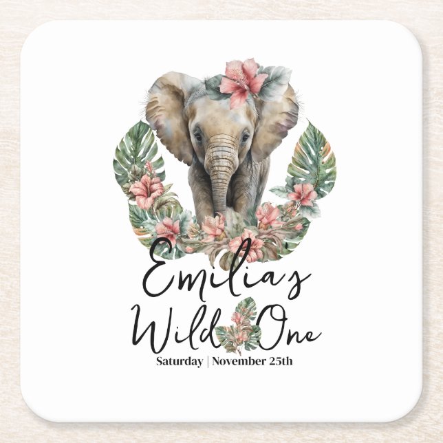 Watercolor Safari Wild One Baby Elephant Geburtsta Rechteckiger Pappuntersetzer (Vorderseite)