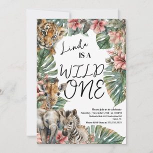 Watercolor Safari Wild One Baby-Tiere Geburtstag Einladung