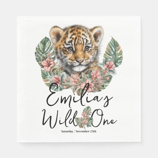 Watercolor Safari Wild One Baby Tiger Cub Geburtst Serviette (Vorderseite)