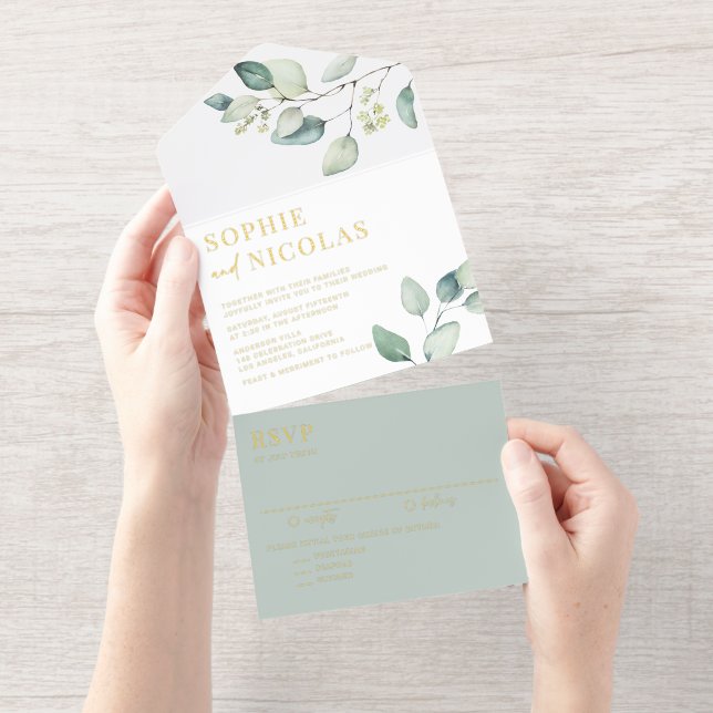 Watercolor Sage Green Eucalyptus Wedding All-in-One-Einladung (Abreißstreifen)