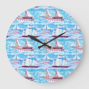 Watercolor Sailing Ships Pattern Große Wanduhr