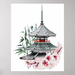 Watercolor Sakura Blossom Bamboo Japanischer Tempe Poster