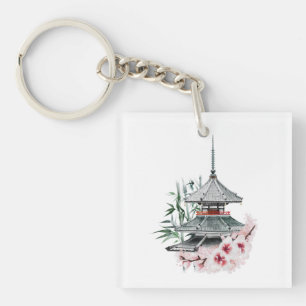 Watercolor Sakura Blossom Bamboo Japanischer Tempe Schlüsselanhänger
