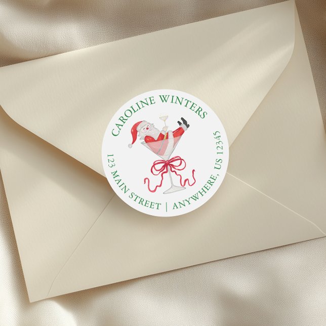 Watercolor Santa Christmas Cocktail Party Address Runder Aufkleber (Von Creator hochgeladen)