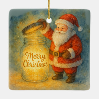 Watercolor Santa Christmas Glowing Jar Holiday Keramikornament