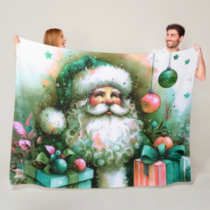 Watercolor Santa Claus Pink Green Gips Fleecedecke