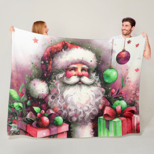 Watercolor Santa Claus Rotes Grün Weihnachten Fleecedecke