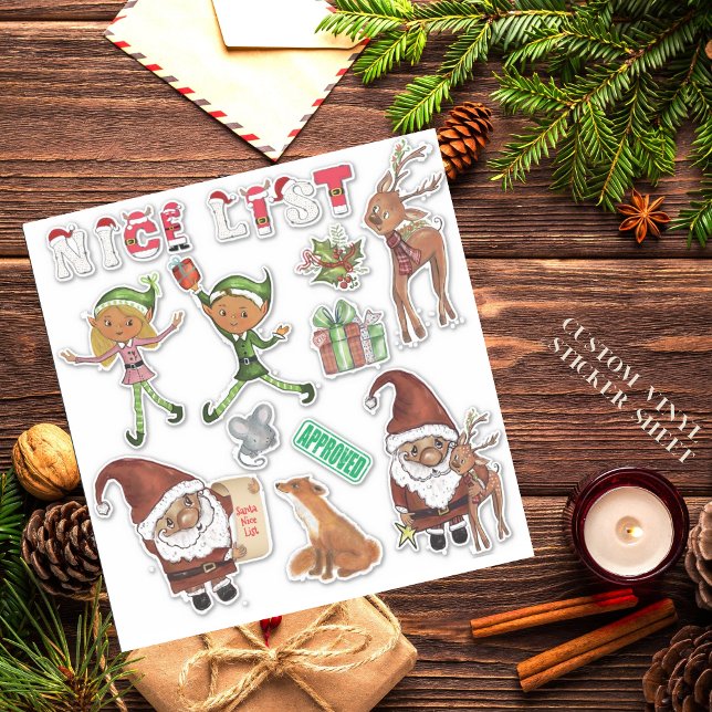 Watercolor Santa Elfen Weihnachten Maßgeschnittene Aufkleber (Watercolor Santa Elves Christmas Custom Cut Sticker)