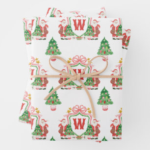Watercolor Santa Monogram Wappen Weihnachten Geschenkpapier Set