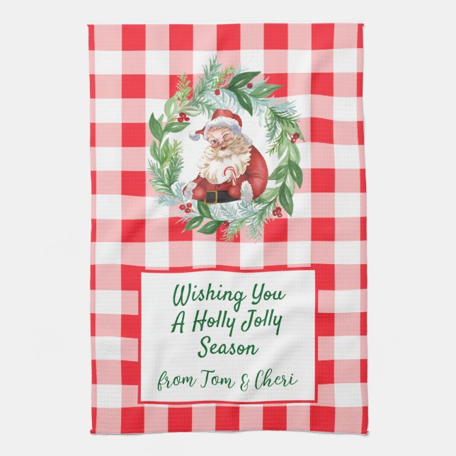 Watercolor Santa Red Check Jolly Christmas Geschirrtuch (Vertikal)