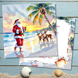 Watercolor Santa & Reindeer on the Beach Christmas Feiertagskarte