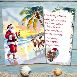 Watercolor Santa & Reindeer on the Beach Christmas Feiertagskarte