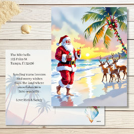 Watercolor Santa & Reindeer on the Beach Christmas Feiertagspostkarte