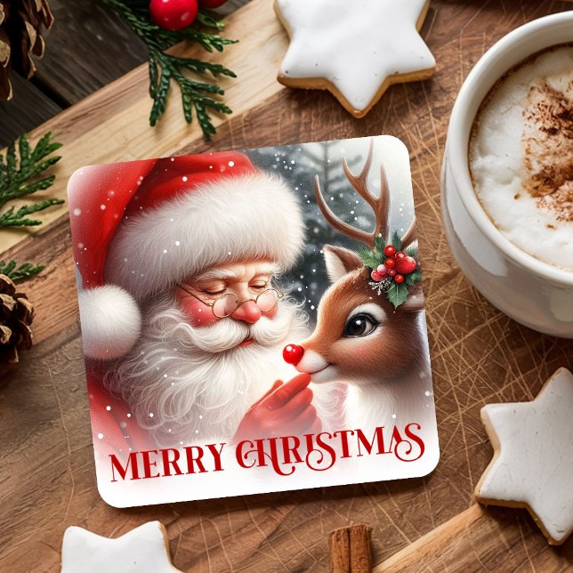 Watercolor Santa Rudolph Merry Christmas Coaster Rechteckiger Pappuntersetzer (Watercolor Santa Rudolph Merry Christmas Coaster)