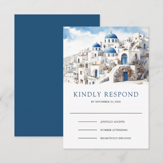 Watercolor Santorini Greece Wedding RSVP Karte (Vorne/Hinten)