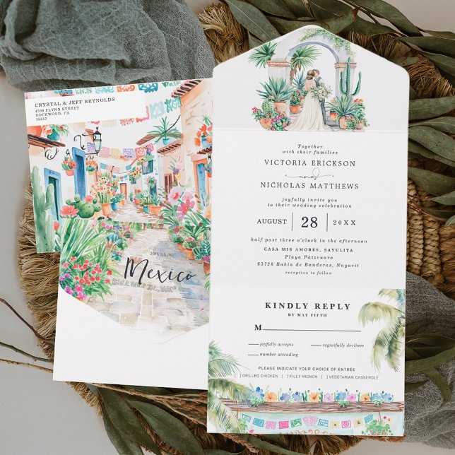 Watercolor Sayulita Mexico Wedding All In One Einladung (Von Creator hochgeladen)