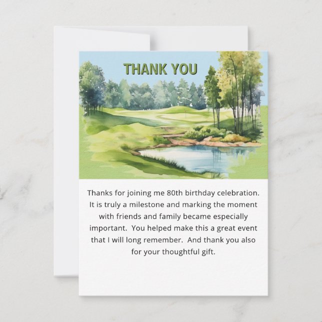 Watercolor Scenic Golf Theme 80th Birthday Flat  Dankeskarte (Vorderseite)