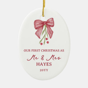 Watercolor-Schleife Beerenzweig Erste Weihnachten Keramik Ornament