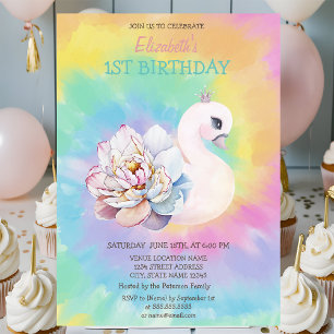 Watercolor-Schwan-Blumen-Tie-Dye-Geburtstag Einladung