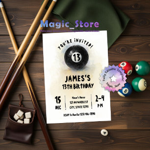Watercolor Schwarz 8 Ball Billard Party Geburtstag Einladung