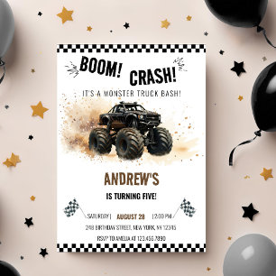 Watercolor Schwarz Boom Crash Monster Truck Bash Einladung
