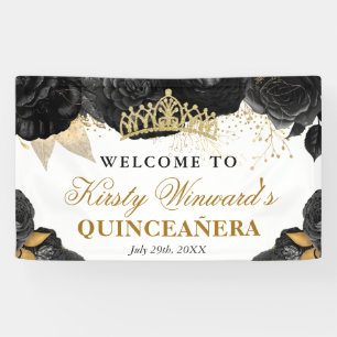 Watercolor Schwarz- und Goldblumen Quinceanera Banner