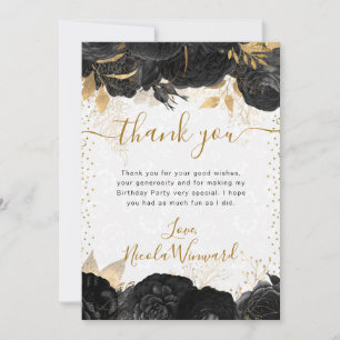 Watercolor-Schwarze und goldene Blumen Geburtstag Dankeskarte