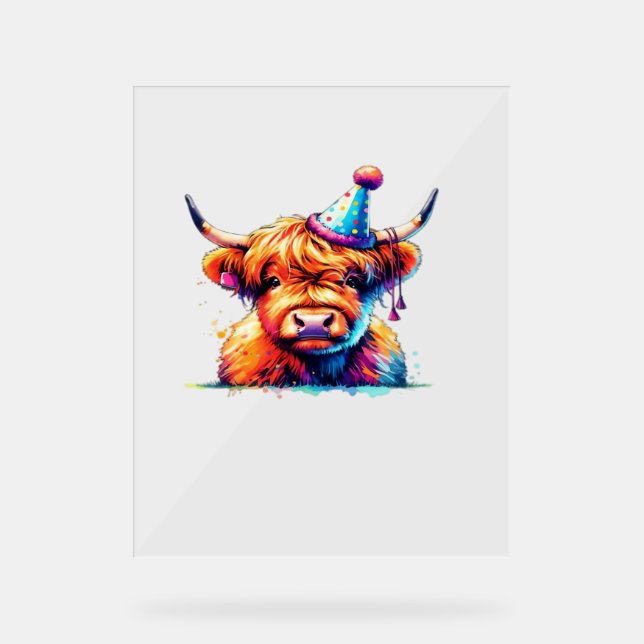 Watercolor Scottish Highland Cow Birthday Essentia Acrylschild (Vorderseite)