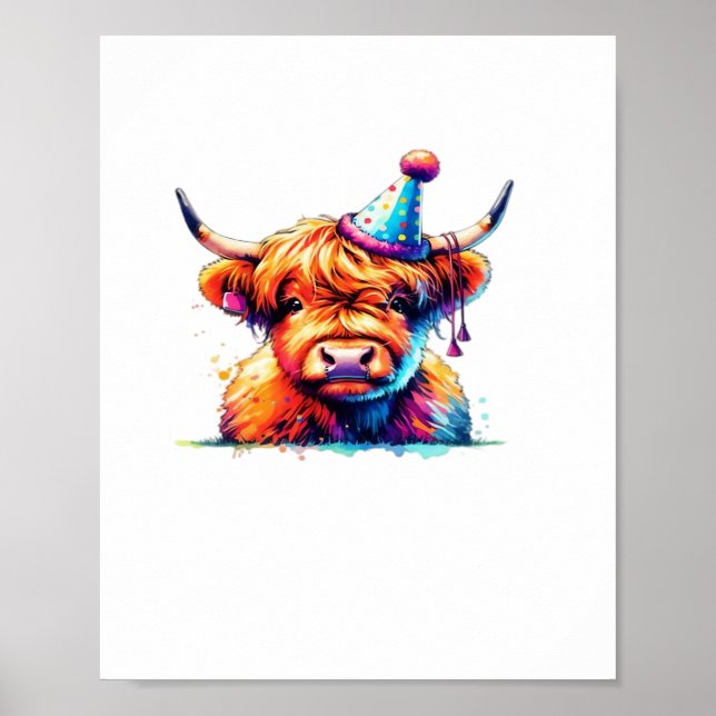 Watercolor Scottish Highland Cow Birthday Essentia Poster (Vorne)