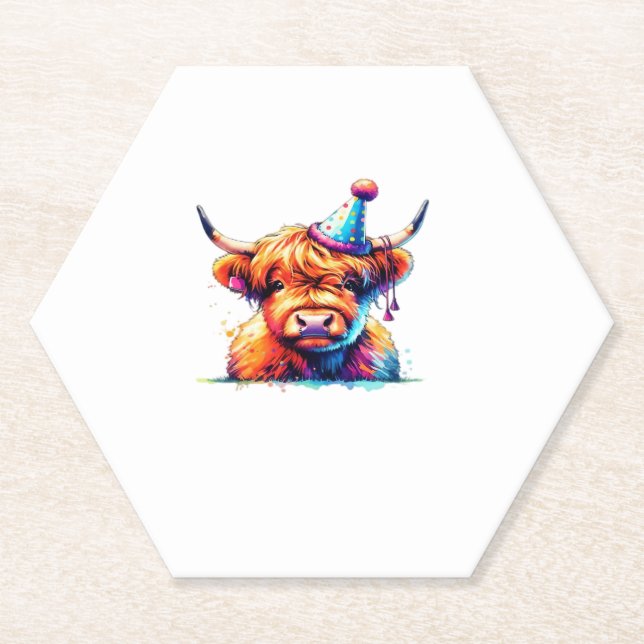 Watercolor Scottish Highland Cow Birthday Essentia Untersetzer (Vorderseite)