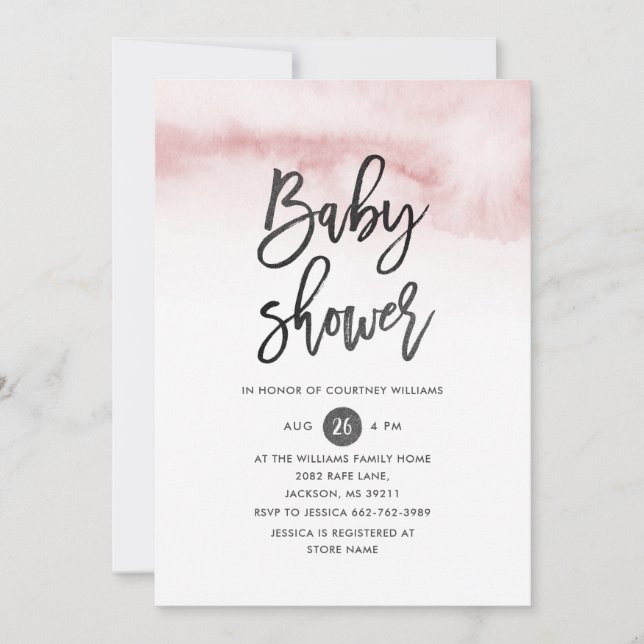 Watercolor Script Baby Shower Einladung in Pink (Vorderseite)