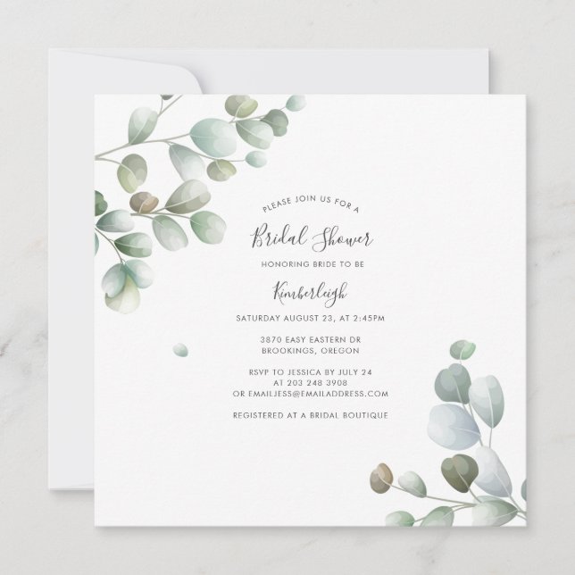 Watercolor Script Elegantes Eukalyptus-Brautparty Einladung (Vorderseite)