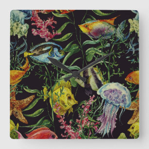 Watercolor Sea Life Pattern 1 Quadratische Wanduhr