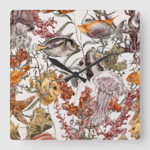 Watercolor Sea Life Pattern 2 Quadratische Wanduhr