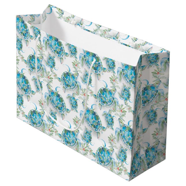 Watercolor Sea Turtle Beach Christmas Große Geschenktüte (Vorderseite Schrägansicht)