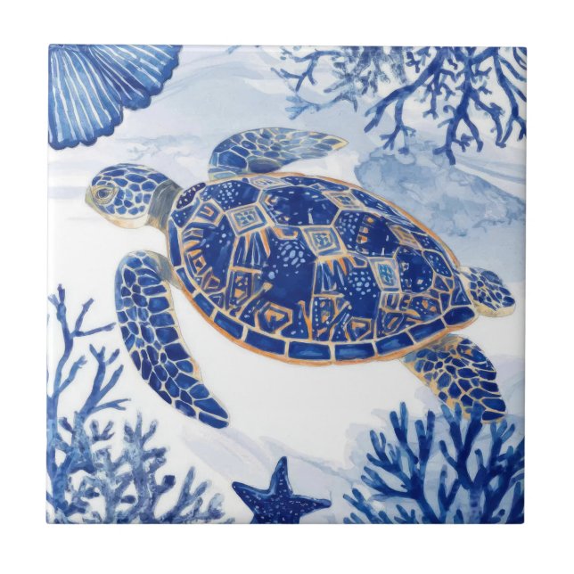 Watercolor Sea Turtle Ocean Blue Fliese (Vorderseite)