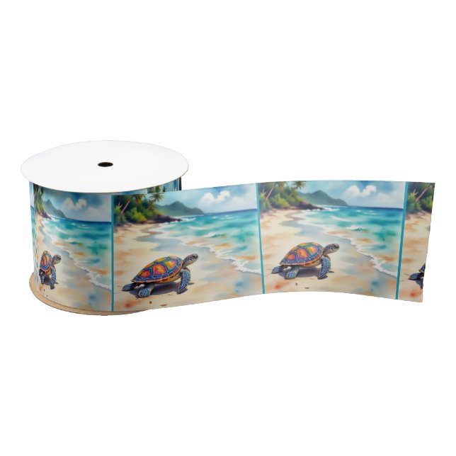 Watercolor Sea Turtle On a Beach Satinband (Spule)