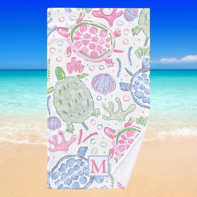 Watercolor Sea Turtles Coastal Preppy Monogram  Handtuch (Von Creator hochgeladen)