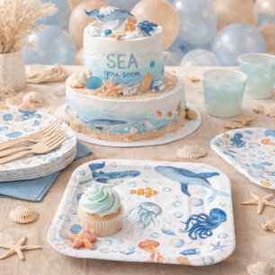 Watercolor Sea You Soon Küsten-Baby-Party Pappteller