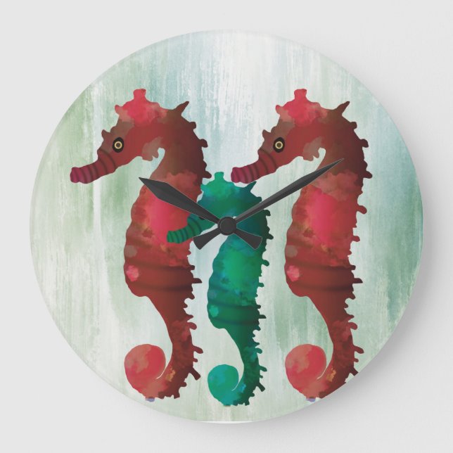 Watercolor Seahorses Nautical  Große Wanduhr (Vorderseite)