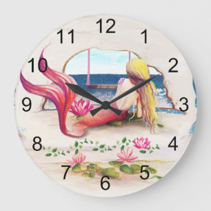 Watercolor Seascape Mermaid Ocean Große Wanduhr
