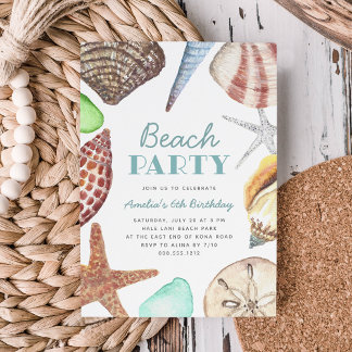 Watercolor Seashell Kids Beach Geburtstagsparty Einladung