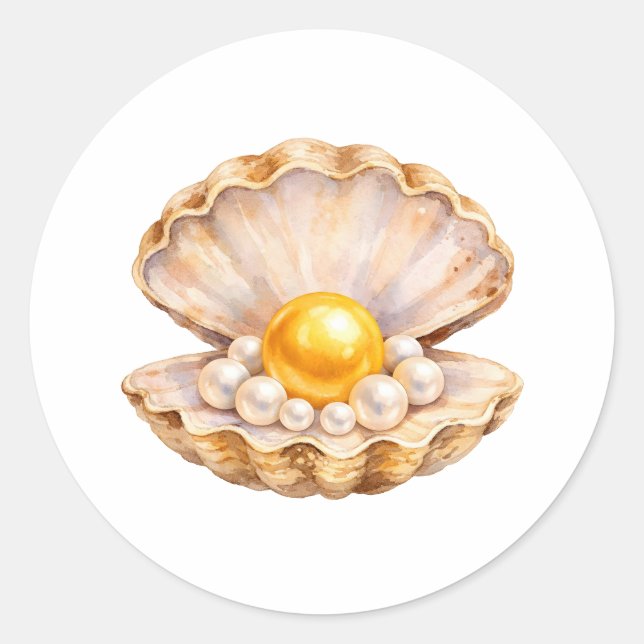 Watercolor Seashell with Golden and White Pearls  Runder Aufkleber (Vorderseite)