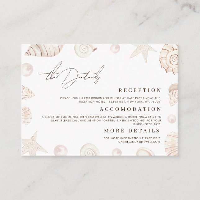 Watercolor Seashells Nautical Wedding Details Begleitkarte (Vorderseite)