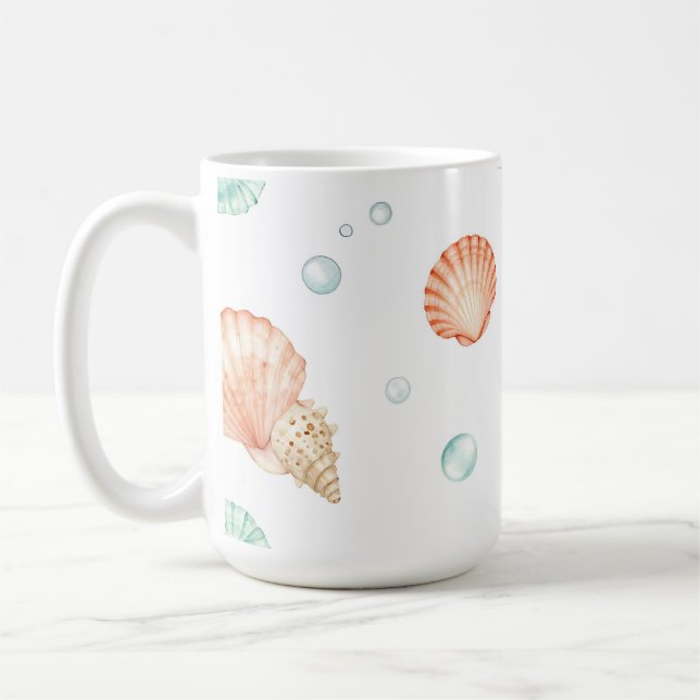 Watercolor Seashells Pearls Coastal Pattern Kaffeetasse (Links)